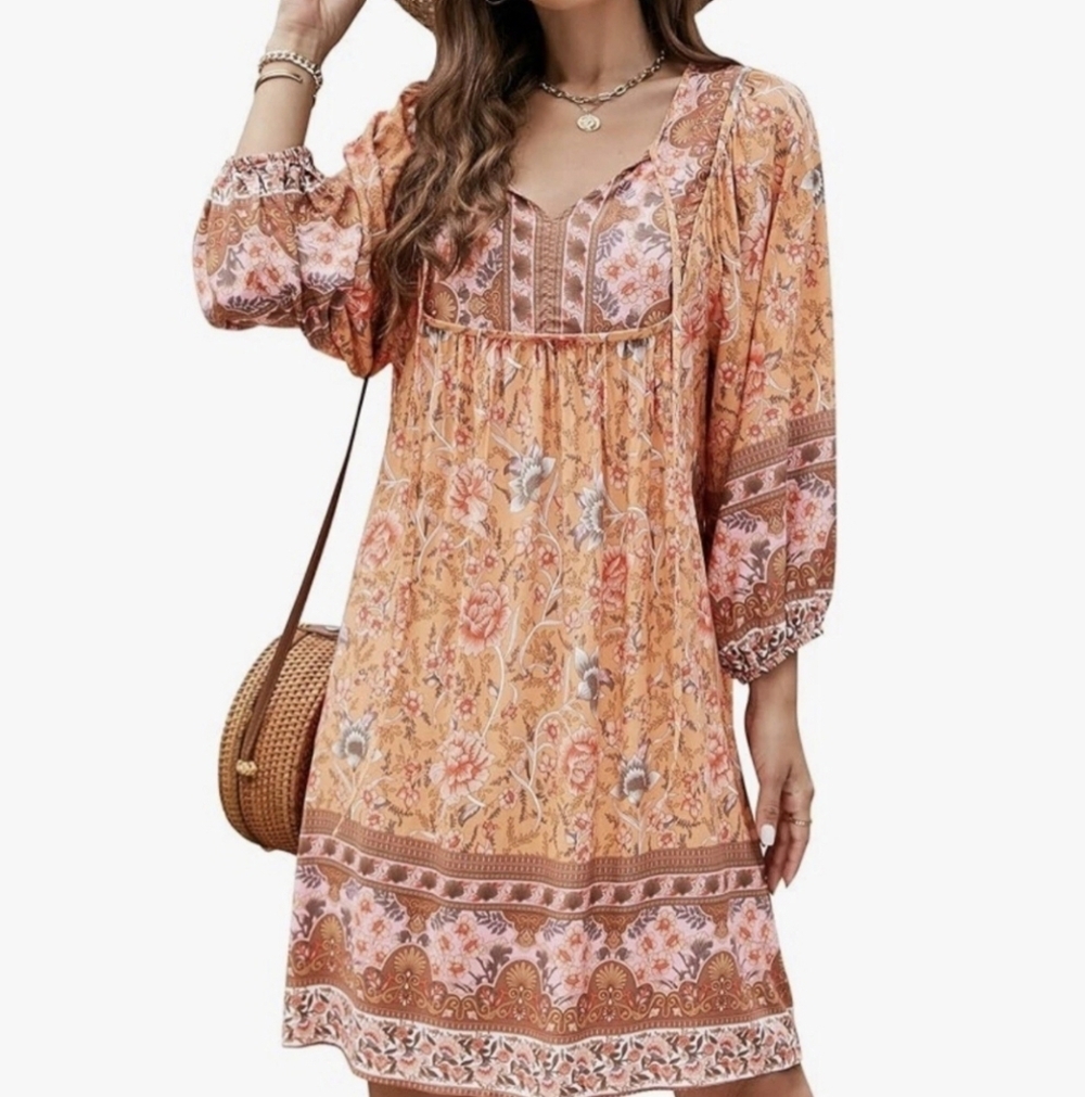 Bluetime‎ Women Medium Casual Boho Gypsy Vacation Hippie Dress Orange Floral